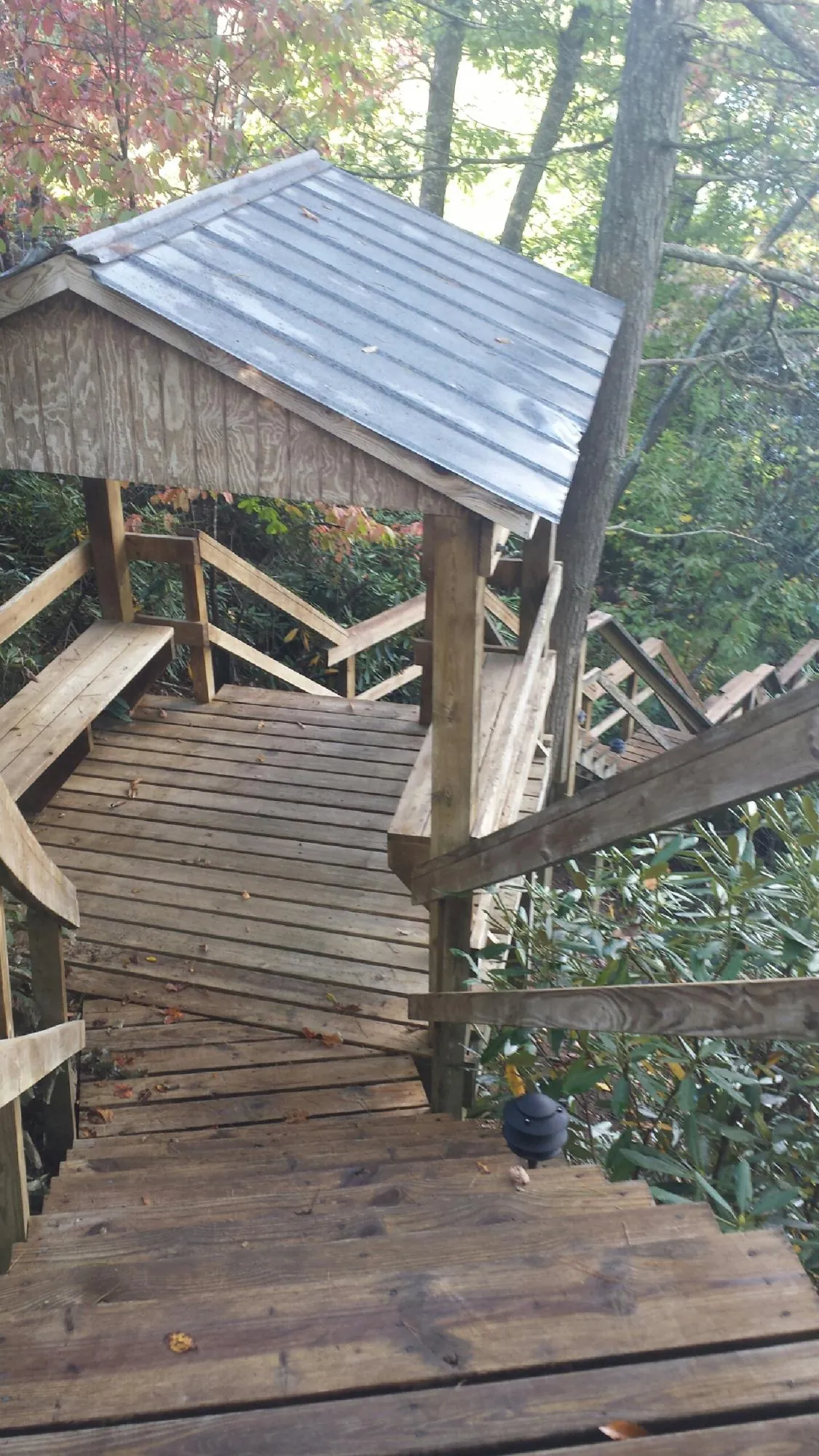 Metal roofed shelter over wooden steps on a wooded walkway — Skylight Repair & Installation work by our crew in Norris